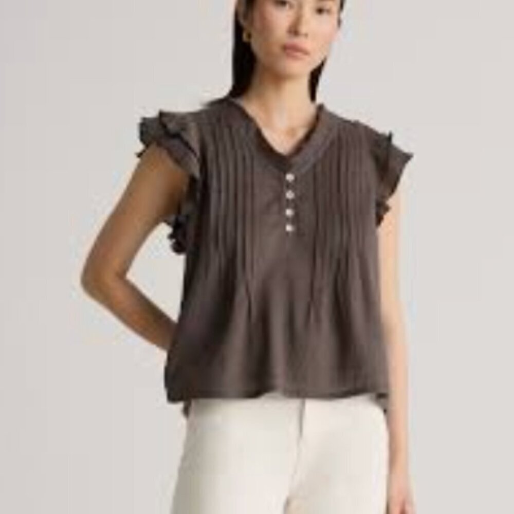 Quince Organic Textured Cotton Ruffle Short Sleeve Blouse